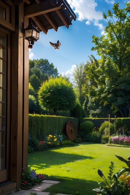 A sunny summer afternoon, a verdant garden in focus, with a wooden fence and lush greenery. A power line stretches across the top of the frame, supporting multiple wire baskets where a chattering sparrow perches, its tiny feet gripping the wires as it takes flight, sunlight casting a warm glow on its feathers.