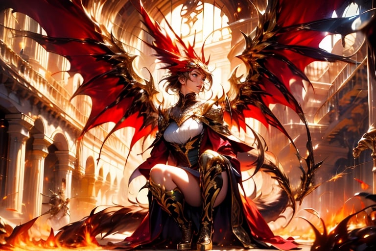 solo, 1girl, phoenix tail, weapon, female focus, phoenix wings, horns, fire, magic circle, red phoenix, whole body, red clothes