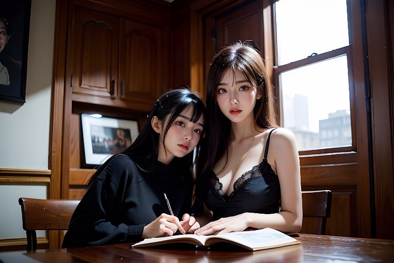 Two young girls from the Republic of China were sitting in the study room with books and discussing literature. wearing cheongsam
(long black hair, bangs), looking at the viewer, (obviously dark eyes), long eyebrows, soft makeup, ombre lips, (huge breasts), plump body, long straight legs, sweet, finger detail , detailed background, ambient lighting, extremely detailed, cinematic shots, realistic illustrations, masterpiece, flawless skin,

Sun exposure, outdoor, quiet, normal feet, no redundant text and watermarks, beauty, masterpiece, real, realistic, cyberpunk ,鄰家女孩,cyber punk,美女,沙龍,女孩,清朝,民國