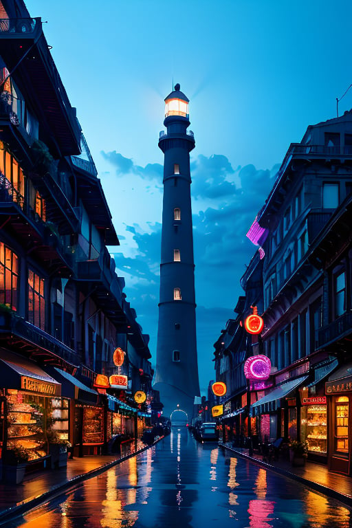 The splendid city landscape is decorated with various rare minerals and the lighthouse emits neon light.