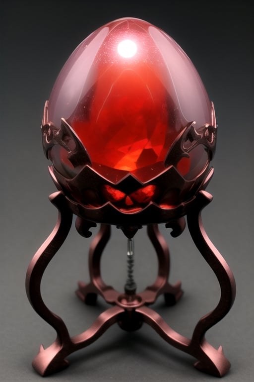 Easter egg, crystal egg, super detailed, glare from behind, branded warrior, overlord egg, main body red egg, eclipse in the background, hand-shaped metal stand, main body clear