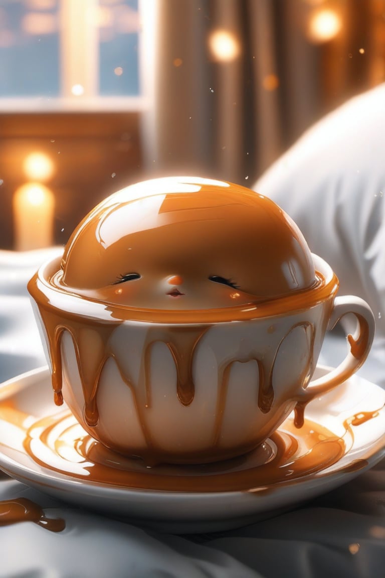 Cute little pudding, very comfortable to lie down and sleep in, cup shape, with melted caramel, semi-liquid flow down