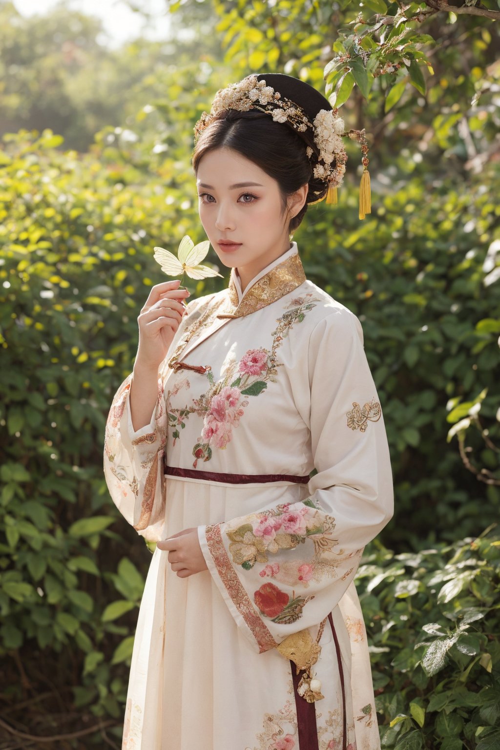 This is a photo showing a woman wearing traditional Chinese clothing, reflecting a historical or period style. The subject of the photo is the woman, wearing a bright, richly decorated and intricately embroidered dress. On her head is a special black hat decorated with a large pink flower and a golden butterfly. The background is composed of lush green foliage, suggesting a natural outdoor scene. The focus of the composition is the calm and dignified facial expression of the woman as she gently holds the leaf. This image exudes the essence of cultural richness, elegance and history.32k,