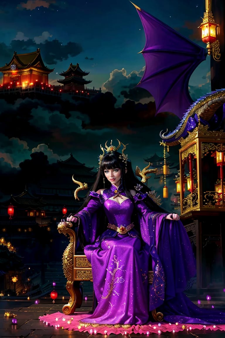 1 girl, long hair, black hair, Qing Dynasty aristocratic female hair accessories are very gorgeous, covered with various gems and gold, sitting on a dragon chair, dragon, dragon tail, scales, behind there is a purple oriental dragon, huge dragon wings , black dragon horns, sharp claws, grasping this purple-light night pearl, red sky, black clouds, gorgeous red background, with gold-rimmed embroidered phoenix Hanfu, long sleeves with black water on the cuffs, the moon, a palace full of flames, buildings, East Asian Architecture Forbidden City, Oriental Dragon, Empress Dowager Cixi, purple eyes, luminous pearls on the palm covered with purple flames, surrounded by a large number of golden jewels, the whole body is filled with purple evil spirit, nodf_lora
(Long straight purple hair, with bangs), (obviously purple eyes)