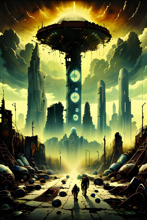 A desolate urban landscape after being invaded by aliens, without earthlings,