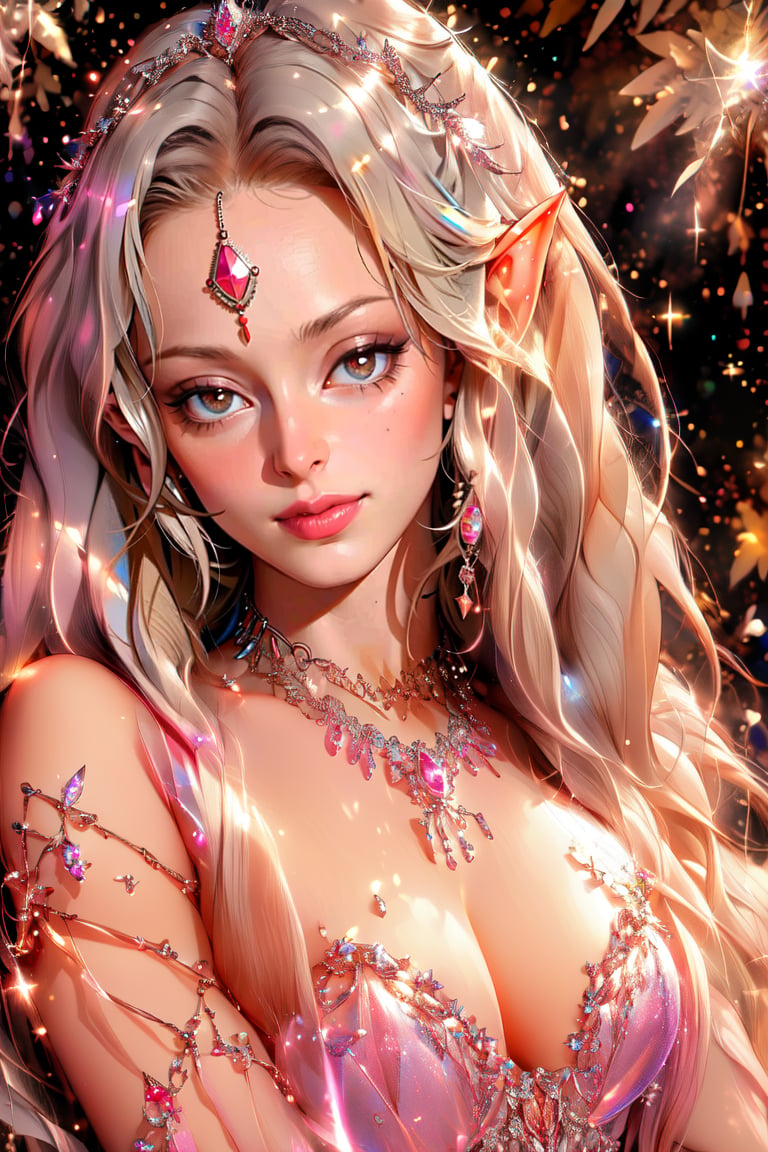 masterpiece, animation style, very detailed, HD, 1girl, solo, elf, elf ears, silver tiara, long hair, feathers, jewelry, white hair, gradient hair, gems, lips, glitter particles background, bokeh, masterpiece , best quality, 16k, ultra-detailed, detailed, high resolution, perfect dynamic composition, detailed eyes, emerald green eyes, cinematic lighting, detailed background, depth of field, perfect proportions, ultra-detailed skin, clear Skin, wind blowing hair, full body, desert background, rune text on body