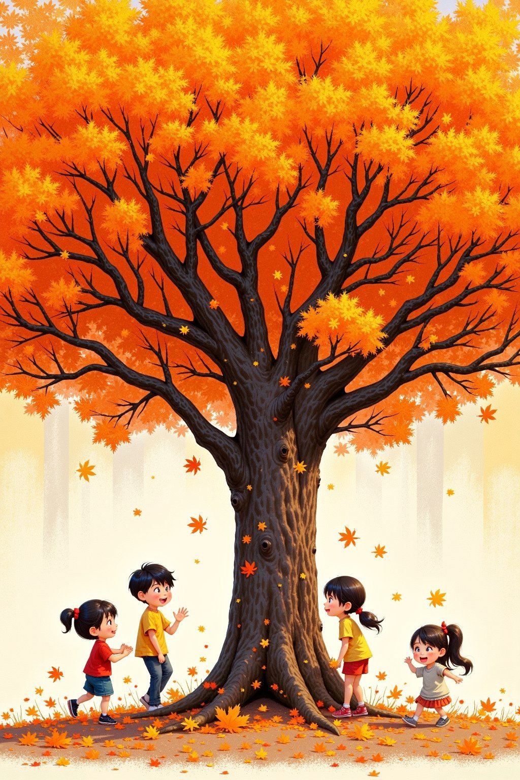 A tree is covered with golden persimmons, and children on the ground are laughing and playing.
There are many maple leaves falling on the ground. The picture is full of the feeling of autumn coming.