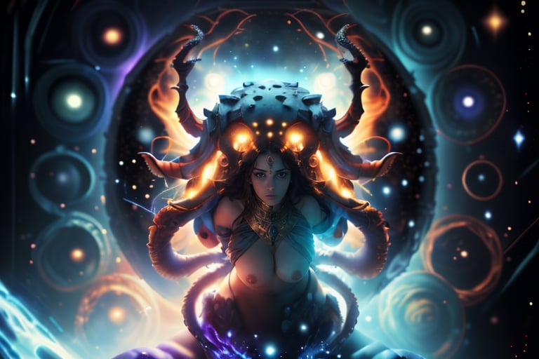 A girl full of wisdom, with eyes that betray a knowing look of all things, her expression very stern and cold.
Surrounded by celestial bodies.
In the Cthulhu Mythos, Yog-Sothoth is depicted as a being beyond time and space, possessing boundless wisdom and power. Yog-Sothoth can be seen as a unifying force because he has insight into all things, whether past, present, or future, and can understand and intervene in them.

Yog-Sothoth's existence is not limited to specific time or space; he can traverse dimensions and is connected to all things in the cosmos. Described as a supernatural entity, his power and wisdom far exceed human comprehension; he possesses the ability to both create and destroy.

In the Cthulhu Mythos, Yog-Sothoth is often portrayed as a profound and awe-inspiring presence, injecting depth and mystery into the entire mythology. His influence pervades the entire mythological world, profoundly affecting the fate of humanity and all beings,k41f,Young beauty spirit ,Best face ever in the world.,Best face ever in the world