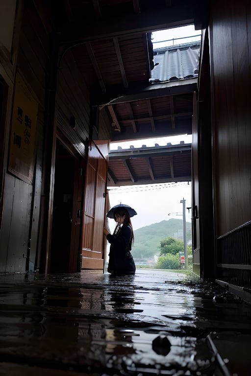 Solo, looking at audience, smile, black hair, 鄰家女孩,full_body,Take shelter from the rain under the eaves