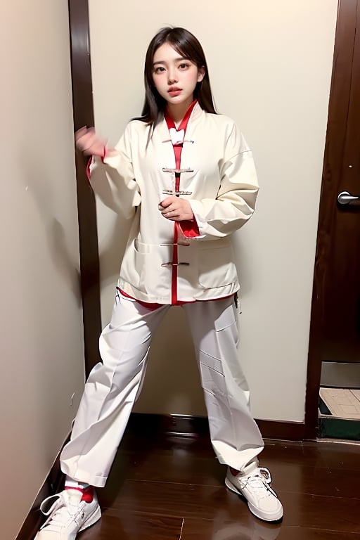 1girl, solo, looking at viewer, black hair, long sleeves, brown eyes, standing, jacket, full body, shoes, pants, indoors, lips, chinese clothes, white footwear, white jacket, fighting stance, white pants,鄰家女孩,realhands,功夫裝