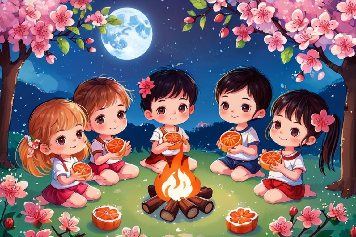 A group of cute children circled around the campfire, with mooncakes and grapefruit beside them. The full moon at night was very bright and beautiful, and the cherry blossoms next to them were raining down flowers.

