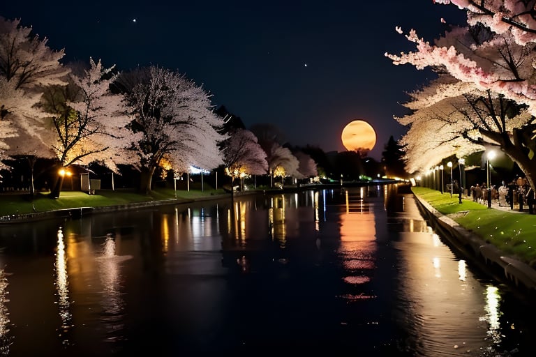 On a night with cherry blossoms in the rain, a bright moon appeared, reflected in the clear lake water