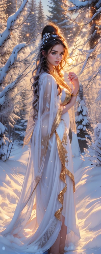 A breathtaking winter wonderland scene: a stunning goddess-like woman stands in a snow-covered field, her mature figure illuminated by the soft glow of morning light and ice. Her long fur cloak flows behind her like a river of white silk, adorned with sparkling white pearl embellishments that shimmer in the frosty air. Randomly, her hair cascades down her back like a golden waterfall, framing her face with its natural waves. Her eyes, a random color, sparkle like diamonds as she gazes directly into the camera, exuding confidence and power. The snowflakes gently fall around her, each one unique and delicate, as if choreographed just for this moment. The trees in the background stand tall, their branches heavy with snow, creating a serene and peaceful atmosphere. The subject's perfect proportions, beautiful body, and detailed features come together to create a jaw-dropping masterpiece that exudes perfection in every way.
