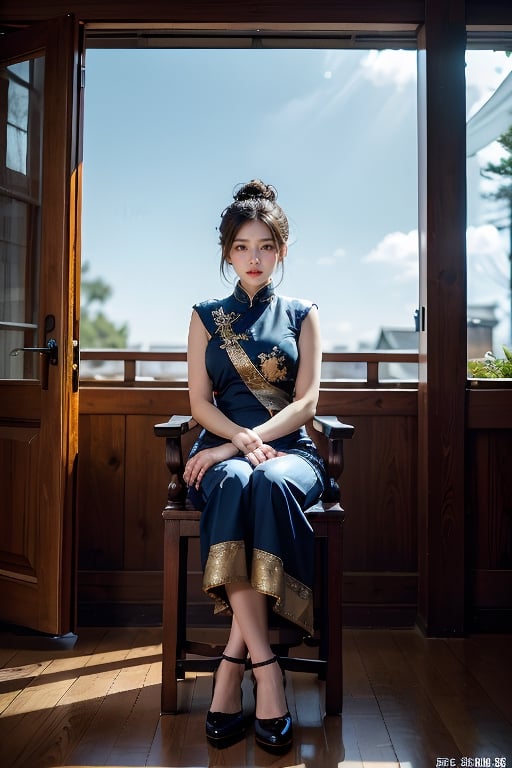 A woman wearing Qing Dynasty court dress sits on a wooden chair, indoors

(RAW photo, best quality), (realistic, photo-Realistic:1.3), best quality, masterpiece, beautiful and aesthetic, 16K, (HDR:1.4), high contrast, (vibrant color:1.4), (muted colors, dim colors, soothing tones:0), 
cinematic lighting, ambient lighting, sidelighting, Exquisite details and textures, cinematic shot, Warm tone, full body(Bright and intense:1.2), (masterpiece, top quality, best quality, official art, beautiful and aesthetic:1.2), 
hdr, high contrast, wideshot(highly detailed skin: 1.2),
sun exposure,outdoor,tranquility,                                                               
Normal feets
No missing limbs,no Excessive text and watermark,民國