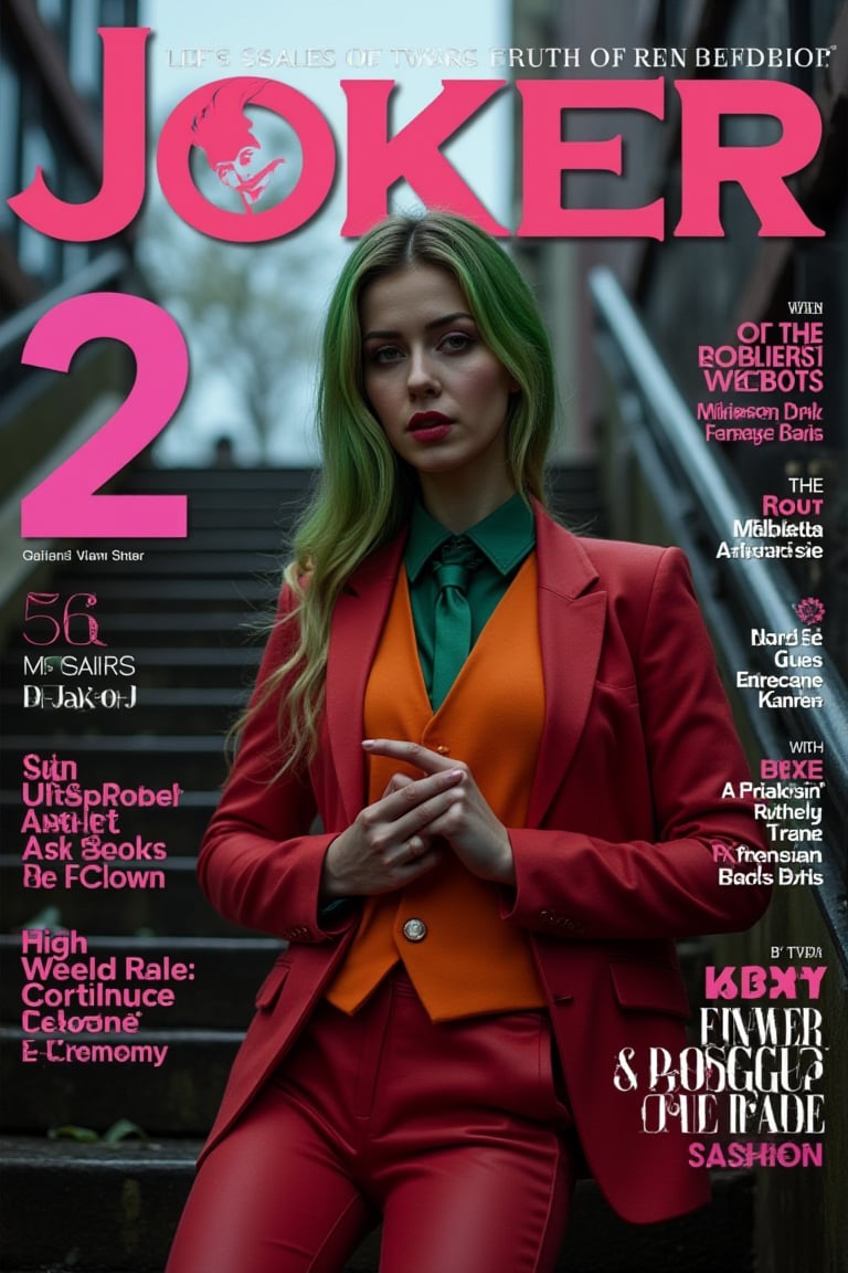 Score_9, rating_explicit, on the cover of "High Fashion" magazine, the clown (2019 version) has a close-up of his upper body, his bust is enlarged, and he is confidently posing in an elegant pose. Highlighting her angular features and elegant smile, she wears a neon outfit that is colorful, sexy and modern. The figure maintains a sophisticated and elegant look at the same time, with neon color combinations used in the text of this fashion magazine, including the title. With Gotham City on a rainy day as the background, the picture should have a transitional atmosphere from sadness to joy.
The title of the magazine is "Joker 2".
The subtitle reads "A tragedy is actually a comedy."
solo, green hair, shirt, long sleeves, 1girl, jacket, upper body, female focus, open clothes, tie, shoes, collared shirt, pants, vest, raised arms, cosplay, mask, impersonation, brown shoes, formal , suit, red jacket, clasped hands, stairs, green shirt, green vest, red pants, green tie, clown portrait