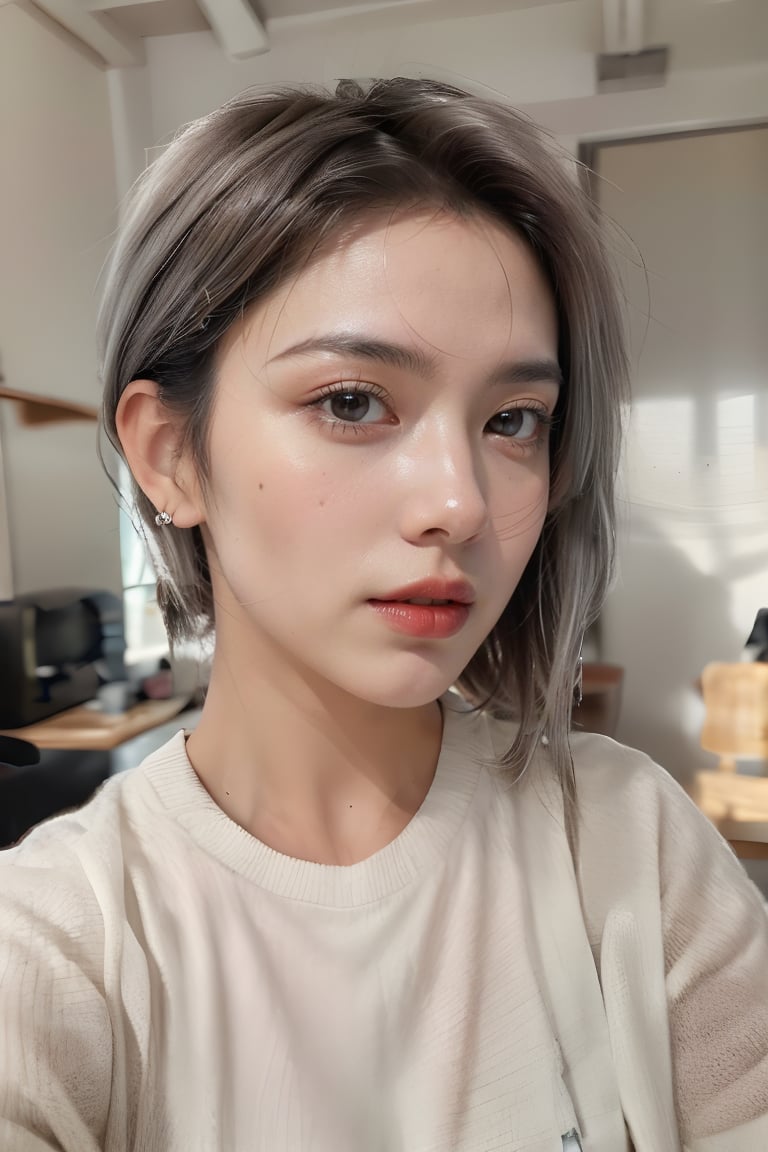 1girl, solo, upper body, grey hair, lips, traditional media, realistic,韓風