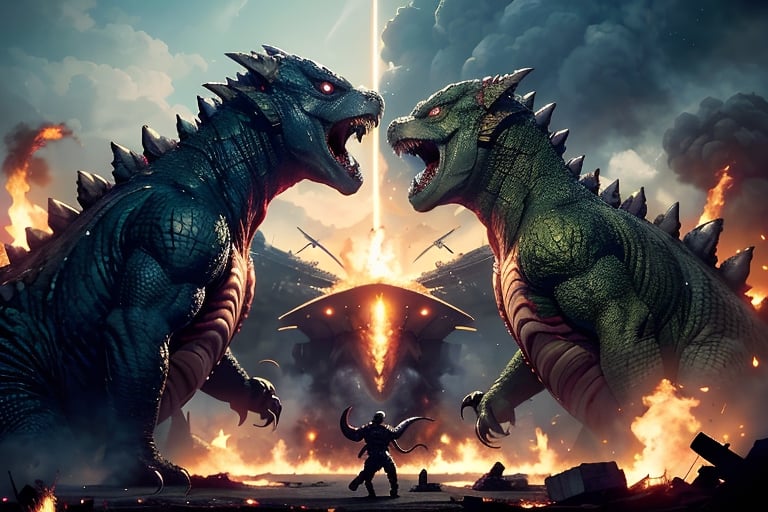 Two  monsters, face to face, open mouth, tail, wings, teeth, military, no humans, glow, fangs, fire, sharp teeth, claws, monster, plane, military vehicle, aircraft, battle, ship, giant, explosion , ship, warship, destruction, kaijuu, Godzilla, fusion monster,strange creatures