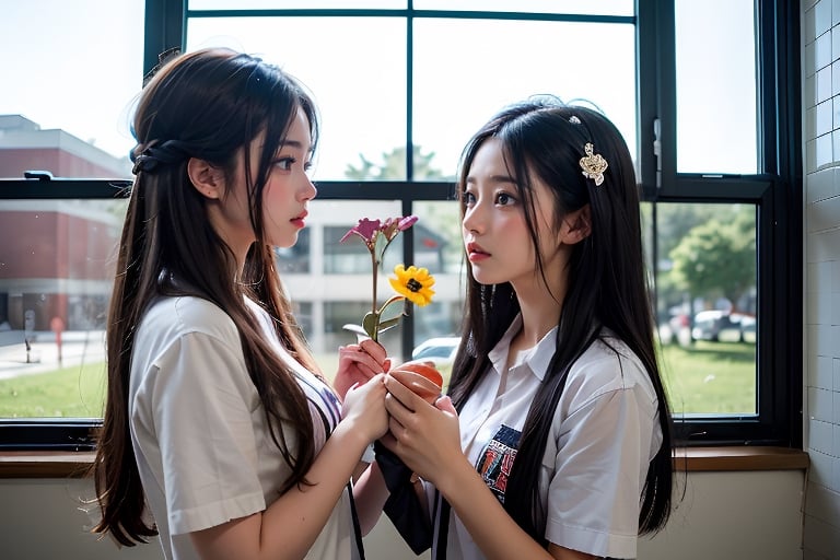 2 girls, black hair, 鄰家女孩,full_body,Female students are blowing air by the window, holding a flower in their hands and arranging each other's hair with their hands