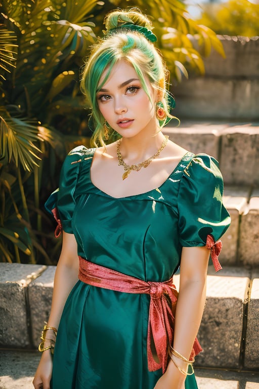 1girl, solo, looking at viewer, bangs, dress, bow, jewelry, green eyes, upper body, hair bow, earrings, green hair, hair bun, nail polish, bracelet, petals, aqua hair, makeup, stairs, realistic, red lips