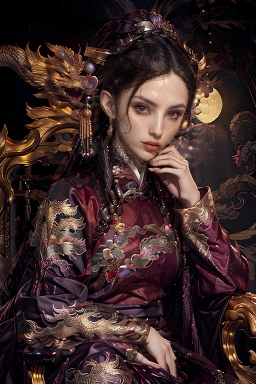 1 girl, long hair, purple hair, Qing Dynasty aristocratic female hair accessories are very gorgeous, covered with various gems and gold, sitting on a dragon chair, dragon, dragon tail, scales, behind there is a purple oriental dragon, huge dragon wings , black dragon horns, sharp claws, grasping this purple-light night pearl, red sky, black clouds, gorgeous red background, with gold-rimmed embroidered phoenix Hanfu, long sleeves with black water on the cuffs, the moon, a palace full of flames, buildings, East Asian Architecture Forbidden City, Oriental Dragon, Empress Dowager Cixi, purple eyes, luminous pearls on the palm covered with purple flames, surrounded by a large number of golden jewels, the whole body is filled with purple evil spirit, nodf_lora
(Long straight purple and black hair, with bangs), (obviously purple eyes)
,清朝,多人