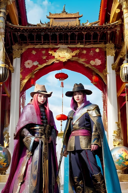 Solo, 1boy, hat, weapon, female focus, sword, cloak, long ombre hair, bangs, architecture, East Asian architecture, jewelry ornaments