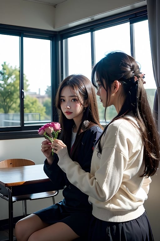 2 girls, black hair, 鄰家女孩,full_body,Female students are blowing air by the window, holding a flower in their hands and arranging each other's hair with their hands