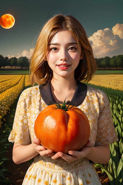 Those plump ears of rice make this season happy
And your cheeks are like ripe tomatoes in the field
You suddenly (said to me) moon orange's (the name is very beautiful)
At this moment, I just want to kiss your stubborn mouth