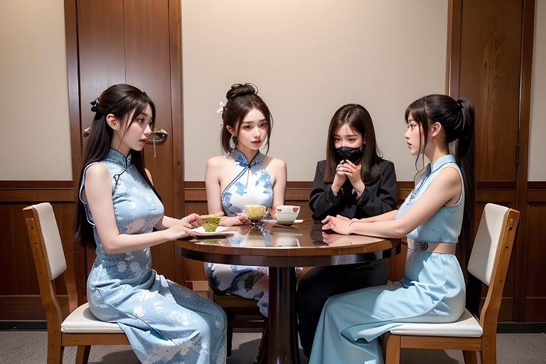 3 girls,During the Republic of China, girls sat on wooden chairs in teahouses and drank tea from a set of blue and white porcelain teacups. While listening to a lady wearing a cheongsam playing the pipa next to her, there was a lady also wearing a white cheongsam playing. wooden flute,full body,perfect,多人