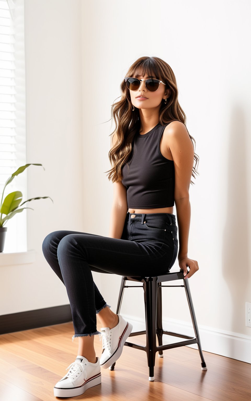 
1girl, dusky skin, brown hairs, black top, black jeans, white shoes, black sunglasses, sitting on stool, white modeling room