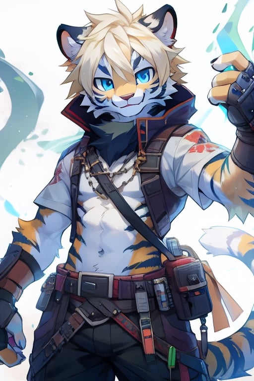 A simple kemono White Tiger,furry,Necromancer,blonde short hair,
blue eyes