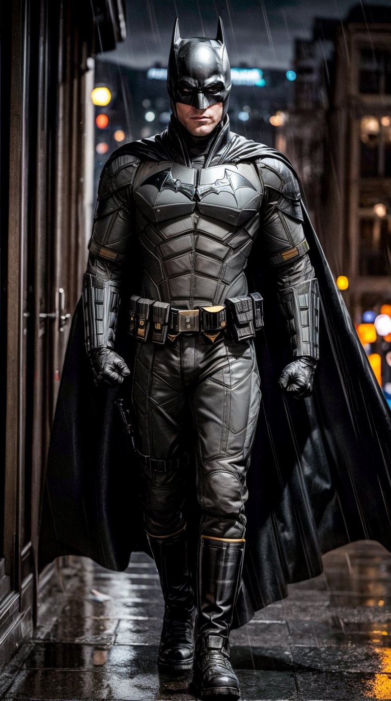 solo batman, looking at viewer, gloves, 1boy, standing, full body, male focus, outdoors, belt, cape, torn clothes, bodysuit, mask, muscular, night, muscular male, building, clenched hands, walking, rain, city, black cape, superhero, torn cape,man with batman costume mask and cape