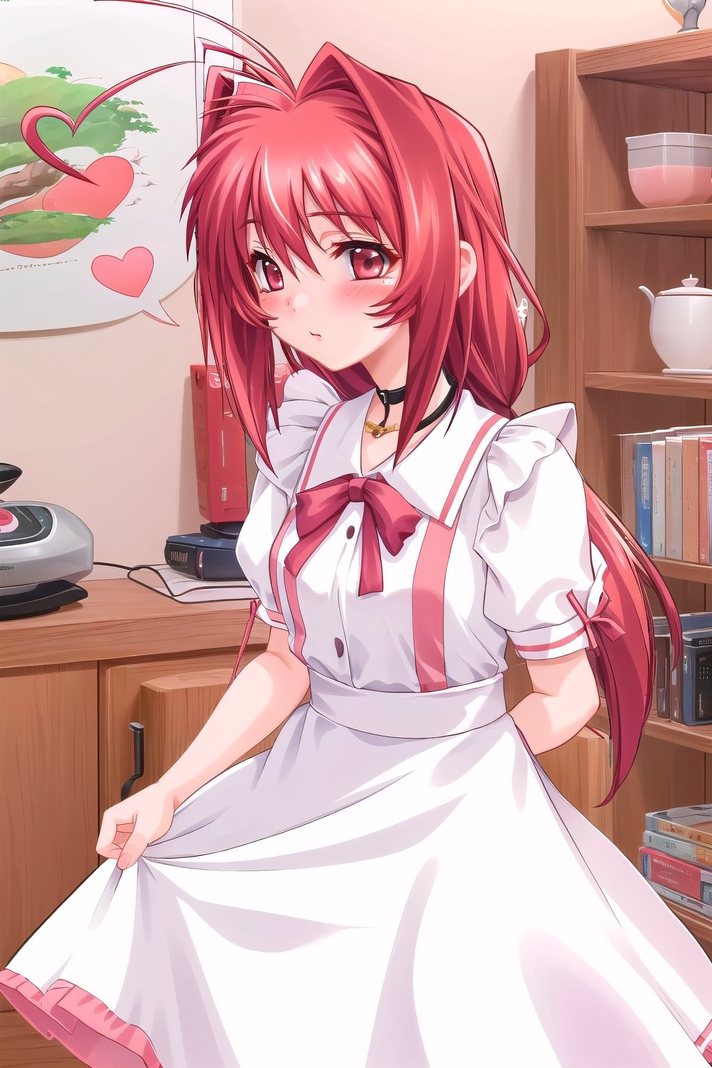 Kagami Sumika,1girl ,solo, blush, ahoge, heart, blush_sticker, red eyes, red_hair,detailed,high resolution,masterpiece, best quality, Maid_Dress 