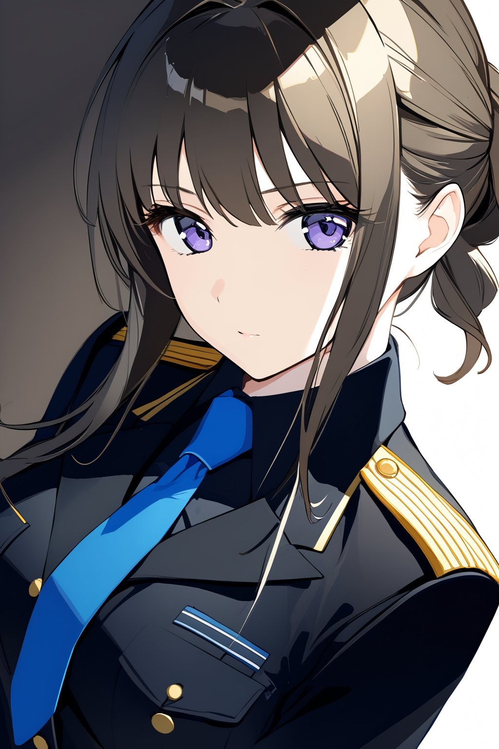 high-definition,masterpiece,best quality,1girl,looking at viewer,Highly detailed, High Quality,YuiTakamura,military uniform, black shirt, blue necktie, military pencil skirt