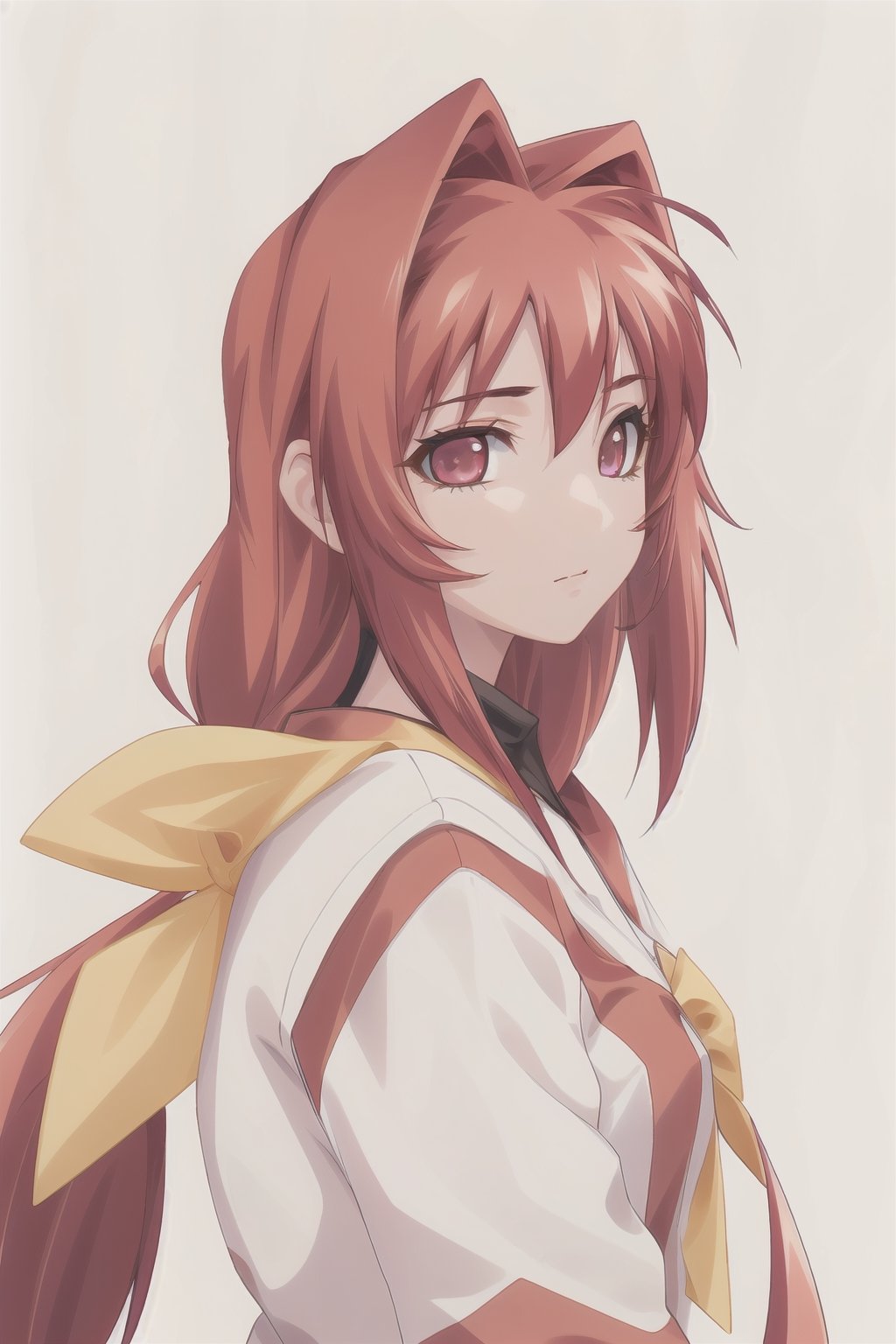 high-definition,masterpiece,best quality,1girl,solo,looking at viewer,1,solo, ,Highly detailed, High Quality, Masterpiece, beautiful,Kagami Sumika,red_eyes, red_hair,yellow_bow,