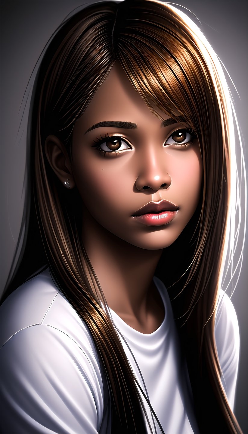 realistic photography headshot of african american hazel brown eyes , plumped lips , long back straight hair 

