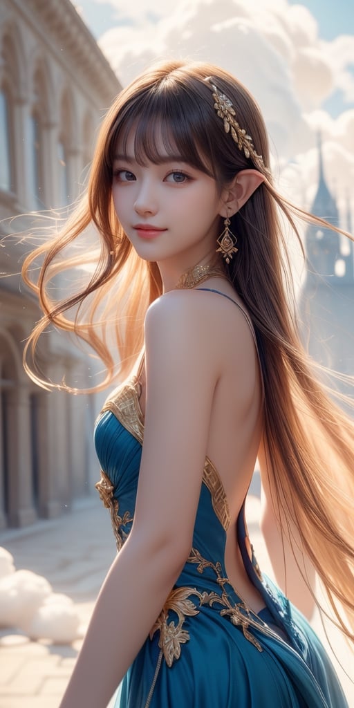 1 girl, very bright backlighting, solo, {beautiful and detailed eyes}, human girl, dazzling moonlight, calm expression, natural and soft light, hair blown by the breeze, delicate facial features, Blunt bangs, beautiful korean girl, eye smile, very small earrings,(,18yo, film grain, realhands,shy smile, Realism, looking towards me, body towards me, fantasy landscape, fantasy background, friendly setting, red and blue dress with gold oranments,  in a city on clouds, with  elegant buildings in the coulds, elven like buildings, fantays city in the clouds, living in the clouds