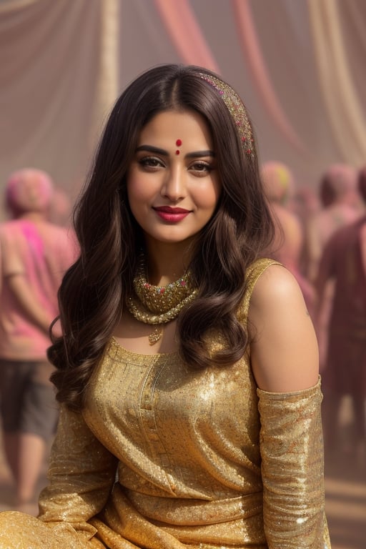 Indian punjabi actress ((chubby Mandy Takhar,Neeru Bajwa)),age 25,masterpiece, best quality, raw photo, 1 20 year old girl, long hair, brown eyes and detailed face, big breasts, discreet, full body, seductive body, slim body, beautiful legs, seductive pose, beautiful girl, seductive dress, one shoulder neckline dress, silky dress red dress,Straddling Chair Back,photorealistic,Detailedface
A young woman representing Radhe Radhe Social Media Management.
Energetic, tech-savvy, and enthusiastic about social media.
Dressed in a colorful outfit that reflects the festive spirit of Holi, but still maintains a professional look (think a vibrant kurta or a dress with pops of Holi colors).
Her outfit can also incorporate subtle branding elements, like a scarf or headband with your logo colors.
Consider incorporating playful Holi makeup with a touch of colored powder on her cheeks or forehead.
Personality:

Confident and approachable.
Exudes a friendly and relatable vibe.
Speaks with a contagious energy that draws viewers in.
Body Language:

Open and confident posture.
Uses expressive gestures to emphasize points, especially when showcasing social media elements.
Can be playful and energetic, incorporating dance moves or celebratory gestures during the montage of trending Holi content.
Maintains a positive and engaging smile throughout the reel.
her check is full od colour

