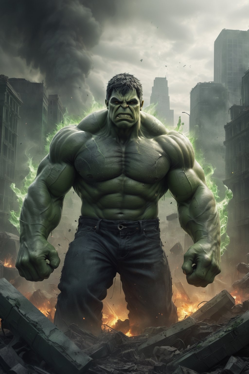 The Hulk stands in the ruins of a city, his green skin glistening with sweat and his eyes filled with rage. He is surrounded by smoke and flames, and the sound of battle echoes in the air. He raises his hands, and a wave of green energy sweeps across the battlefield, destroying his enemies. The final image is rendered in a dark and realistic style, with a limited color palette and heavy use of shadows.

