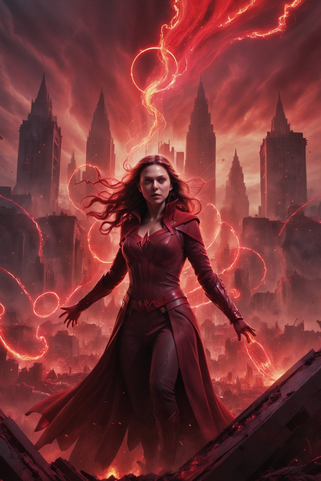 Scarlet Witch stands in the ruins of a city, her red magic swirling around her. She is surrounded by smoke and flames, and the sound of battle echoes in the air. She raises her hands, and a wave of red energy sweeps across the battlefield, destroying her enemies. The final image is rendered in a dark and chaotic style, with a limited color palette and heavy use of shadows.

