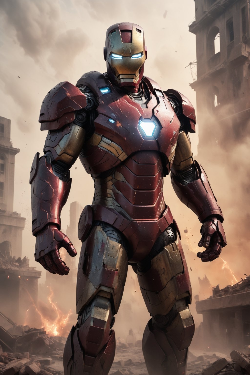 Iron Man stands in the ruins of a city, his armor covered in the dust of battle. He is surrounded by smoke and flames, and the sound of battle echoes in the air. He raises his hands, and a wave of repulsor energy sweeps across the battlefield, destroying his enemies. The final image is rendered in a dark and realistic style, with a limited color palette and heavy use of shadows.

