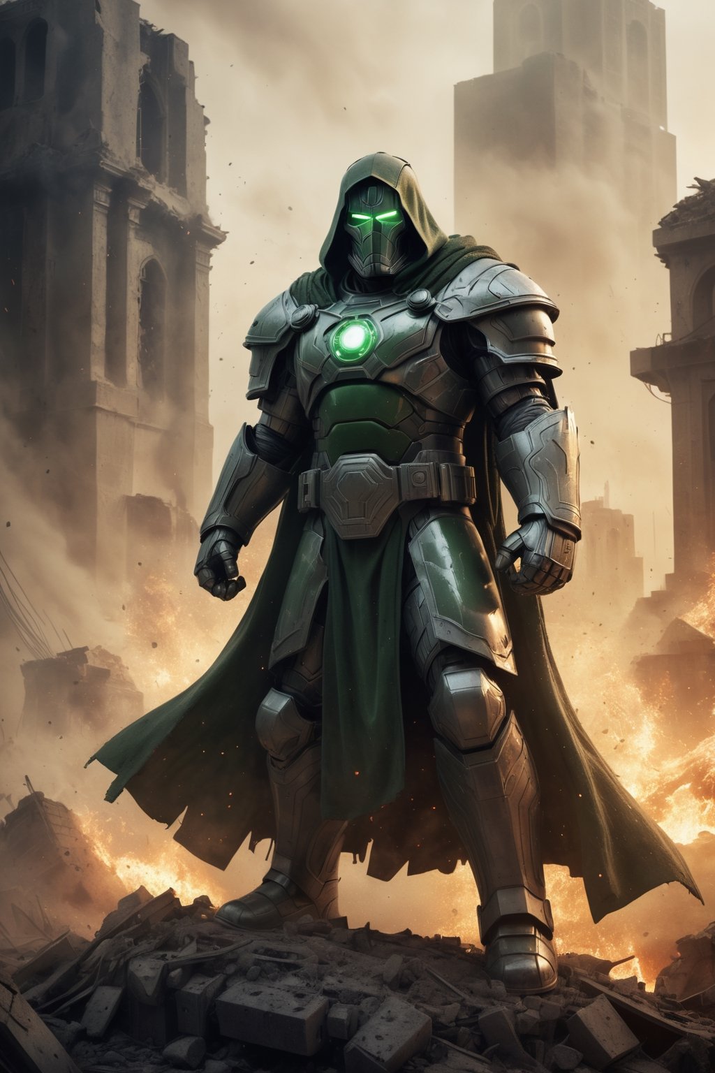 Doctor Doom stands in the ruins of a city, his armor covered in the dust of battle. He is surrounded by smoke and flames, and the sound of battle echoes in the air. He raises his hands, and a wave of energy sweeps across the battlefield, destroying his enemies. The final image is rendered in a dark and realistic style, with a limited color palette and heavy use of shadows.

