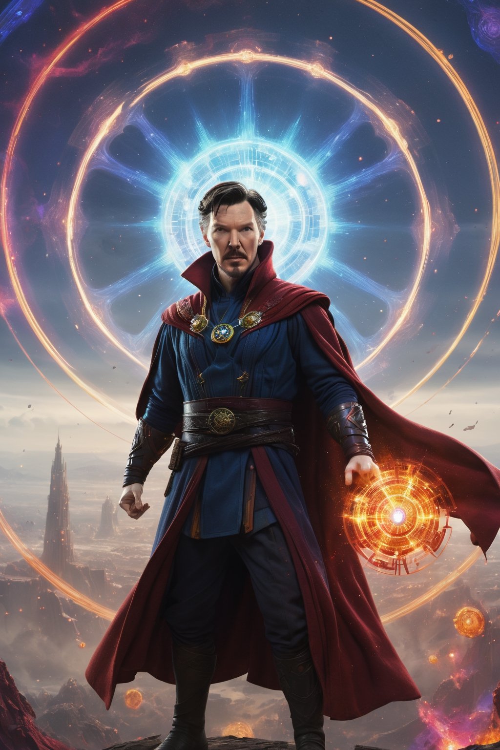 Doctor Strange hovers above a vast battlefield, surrounded by starships and laser fire. He is wearing a detailed Star Wars-inspired costume, his eyes glowing with power, and the Eye of Agamotto shining brightly. He raises his hands, and a wave of magical energy sweeps across the battlefield, destroying his enemies. The final image is rendered in a hyperrealistic style with a vibrant color palette, capturing the epic scale of the battle and the power of Doctor Strange.

