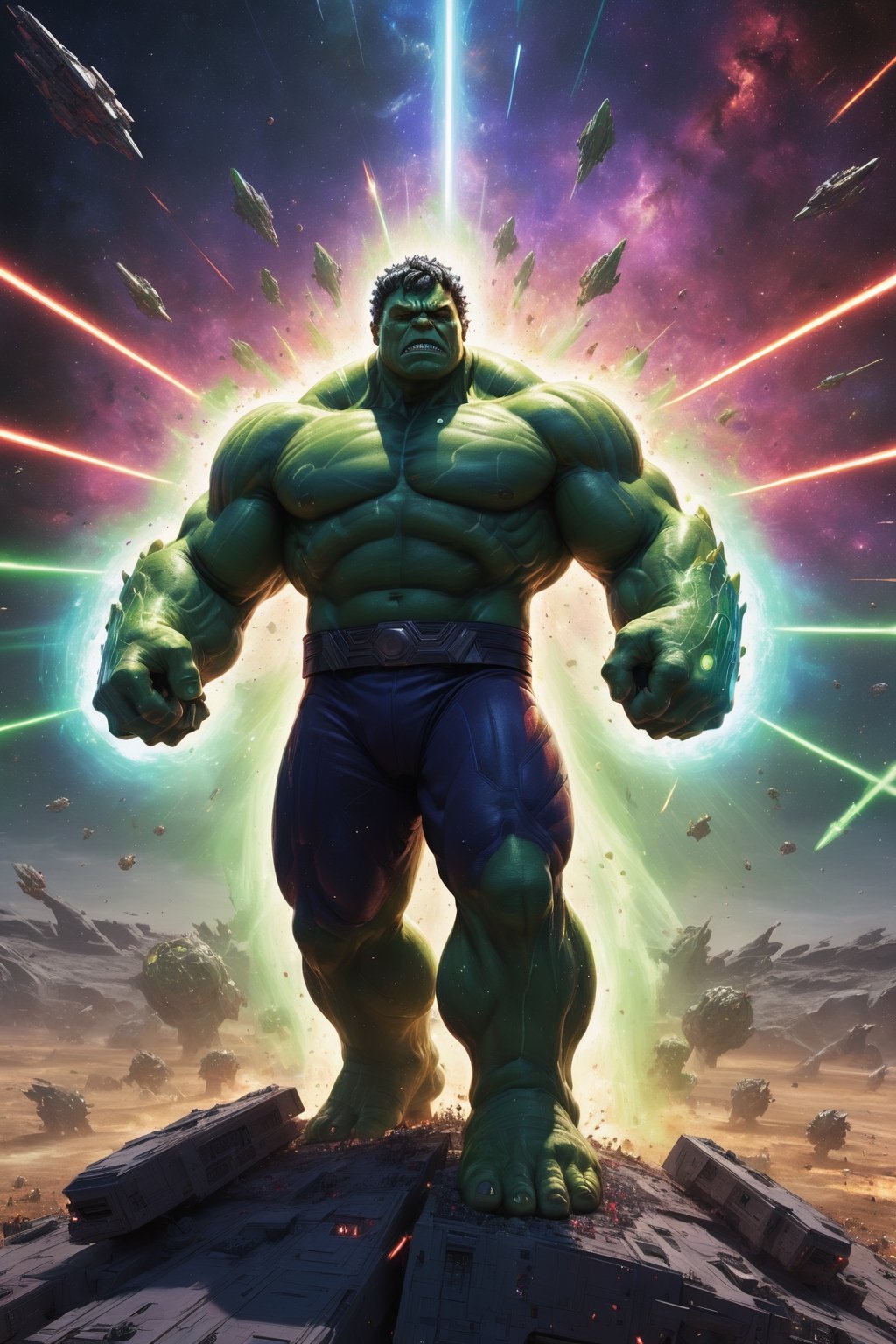 Cosmic Hulk stands on a vast battlefield, surrounded by starships and laser fire. He is wearing a detailed Star Wars-inspired costume, his eyes glowing with power, and his skin radiating with cosmic energy. He raises his hands, and a wave of cosmic energy sweeps across the battlefield, destroying his enemies. The final image is rendered in a hyperrealistic style with a vibrant color palette, capturing the epic scale of the battle and the power of Cosmic Hulk.

