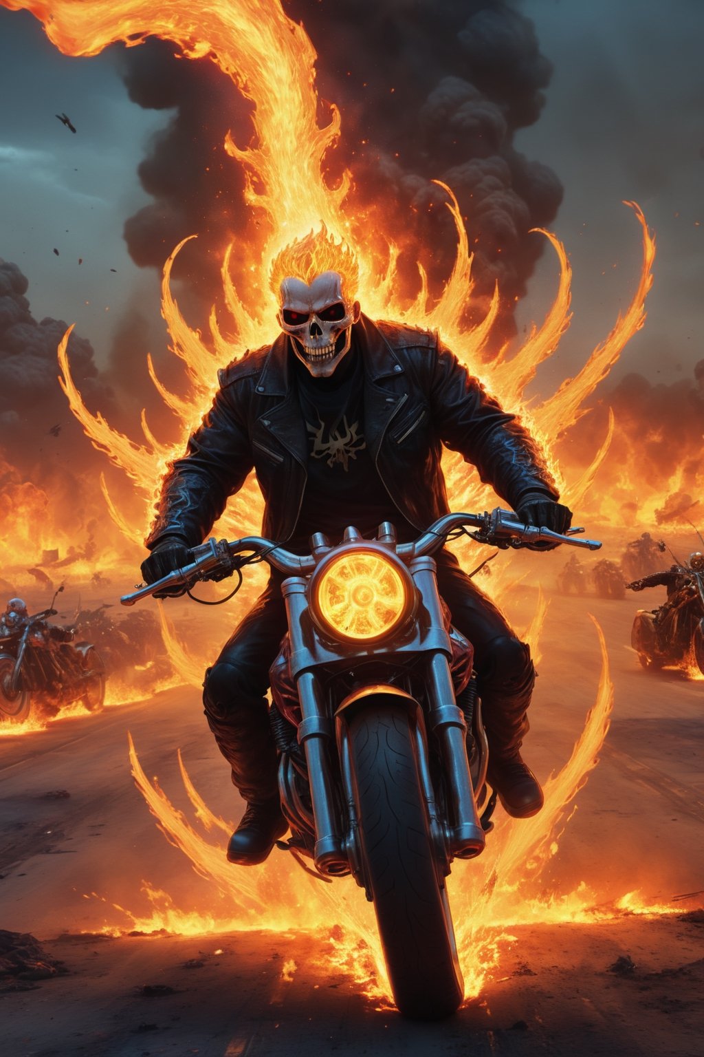 Ghost Rider hovers above a vast battlefield, surrounded by starships and laser fire. He is riding a flaming motorcycle, his eyes glowing with power, and his skull engulfed in hellfire. He raises his hands, and a wave of hellfire sweeps across the battlefield, destroying his enemies. The final image is rendered in a hyperrealistic style with a vibrant color palette, capturing the epic scale of the battle and the power of Ghost Rider.

