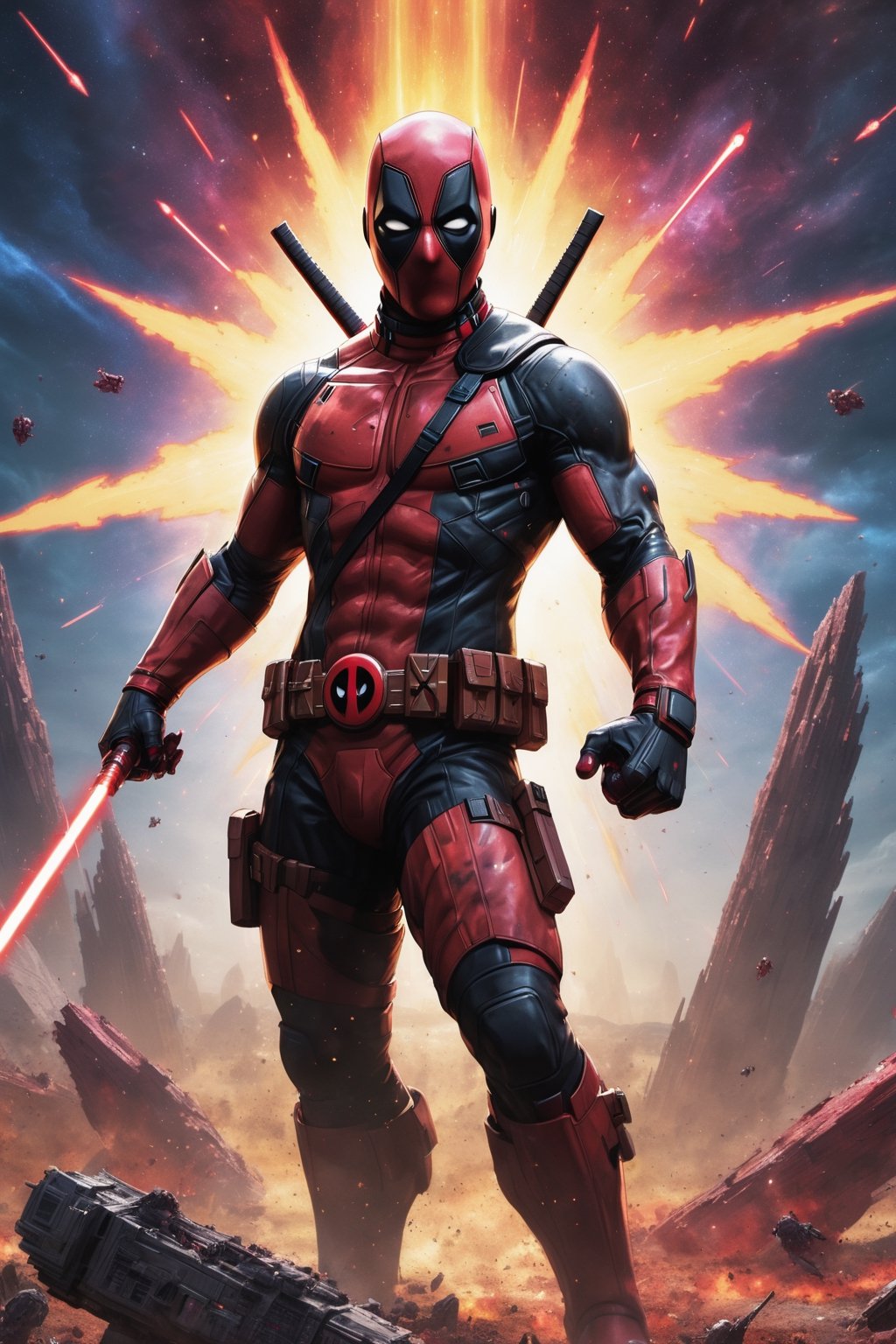 God Deadpool hovers above a vast battlefield, surrounded by starships and laser fire. He is wearing a detailed Star Wars-inspired costume, his eyes glowing with power, and his godly aura radiating around him. The symbiote is oozing off of him, creating a menacing aura. He raises his hands, and a wave of godly energy sweeps across the battlefield, destroying his enemies. The final image is rendered in a hyperrealistic style with a vibrant color palette, capturing the epic scale of the battle and the power of God Deadpool.

