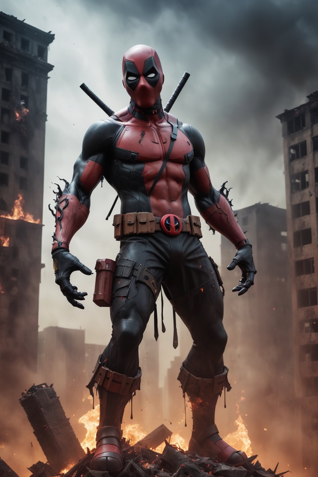 God Deadpool stands in the ruins of a city, his mask covered in symbiote. He is surrounded by smoke and flames, and the sound of battle echoes in the air. The symbiote is healing his wounds and giving him a twisted sense of humor. He raises his hands, and a wave of godly energy sweeps across the battlefield, destroying his enemies. The final image is rendered in a dark and comedic style, with a limited color palette and heavy use of shadows.

