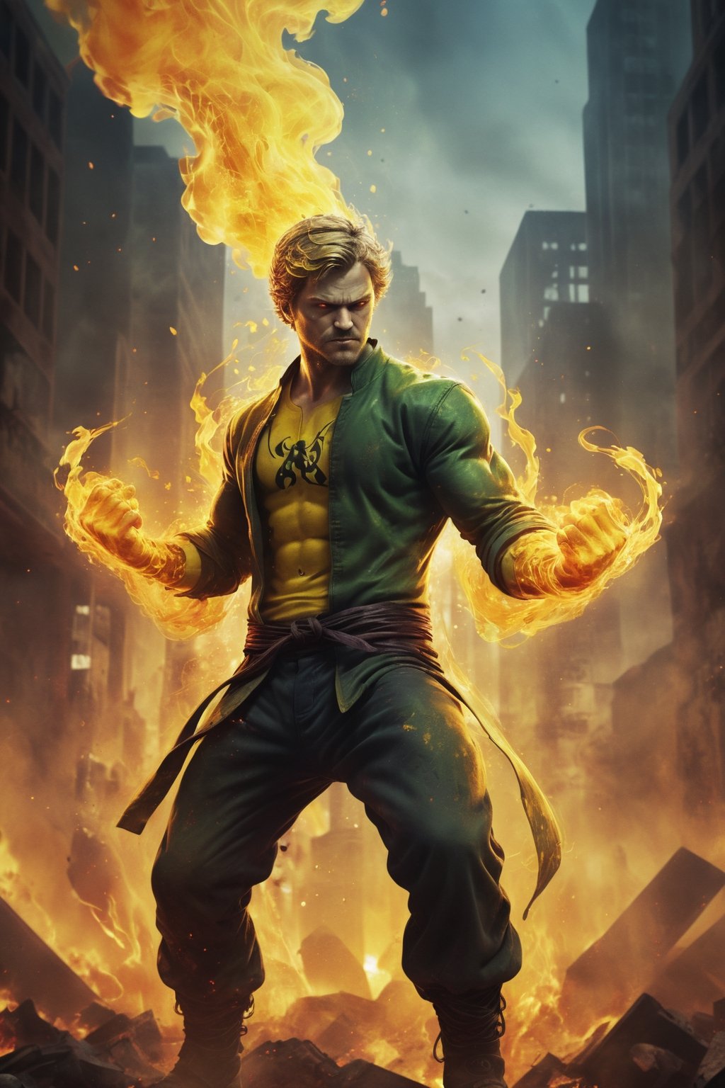 Iron Fist stands in the ruins of a city, his fists glowing with chi energy. He is surrounded by smoke and flames, and the sound of battle echoes in the air. He raises his hands, and a wave of chi energy sweeps across the battlefield, destroying his enemies. The final image is rendered in a dynamic and exciting style, with a vibrant color palette and fast-paced action.

