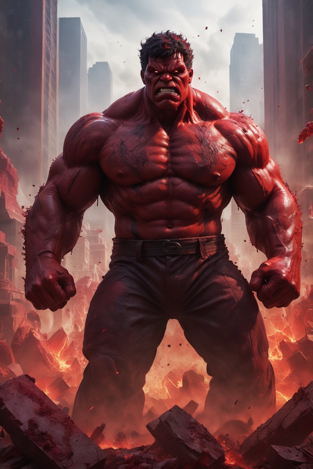 Red Hulk stands in the ruins of a city, his red skin glistening with sweat. He is surrounded by smoke and flames, and the sound of battle echoes in the air. He raises his hands, and a wave of red energy sweeps across the battlefield, destroying his enemies. The final image is rendered in a dark and realistic style, with a limited color palette and heavy use of shadows.

