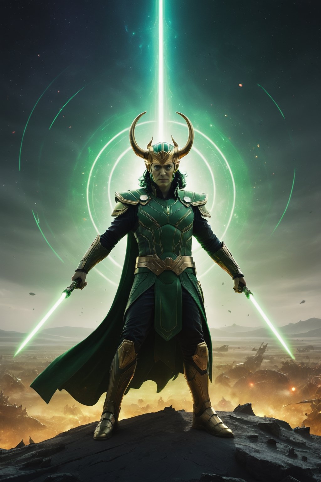 Loki stands on a vast battlefield, surrounded by starships and laser fire. He is wearing a detailed Star Wars-inspired costume, his eyes glowing with power, and his horned helmet gleaming in the light. He raises his hands, and a wave of green magic sweeps across the battlefield, destroying his enemies. The final image is rendered in a hyperrealistic style with a vibrant color palette, capturing the epic scale of the battle and the power of Loki.

