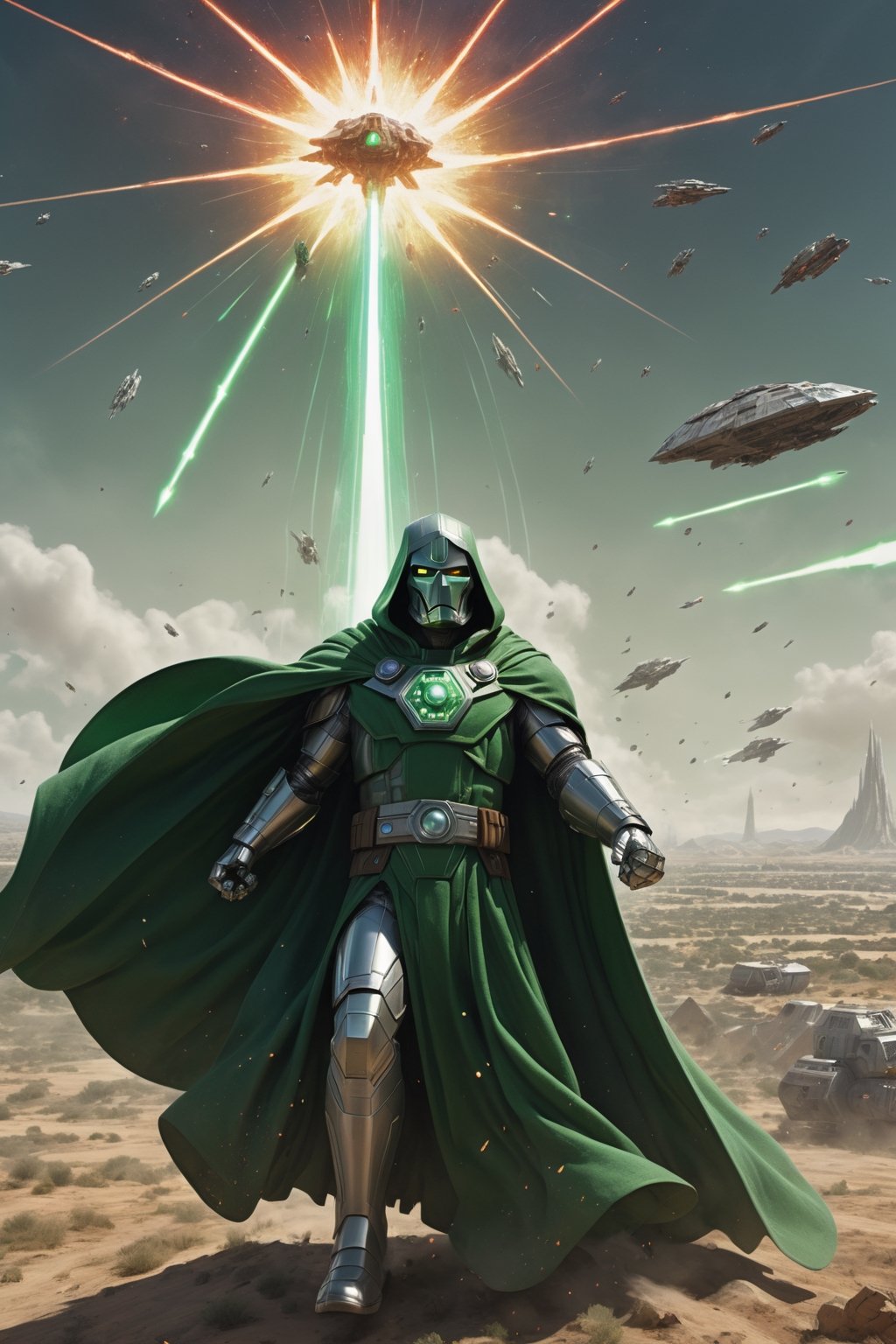 Doctor Doom hovers above a vast battlefield, surrounded by starships and laser fire. He is wearing a detailed Star Wars-inspired costume, his eyes glowing with power, and his green cloak billowing in the wind. He raises his hands, and a wave of energy sweeps across the battlefield, destroying his enemies. The final image is rendered in a hyperrealistic style with a vibrant color palette, capturing the epic scale of the battle and the power of Doctor Doom.

